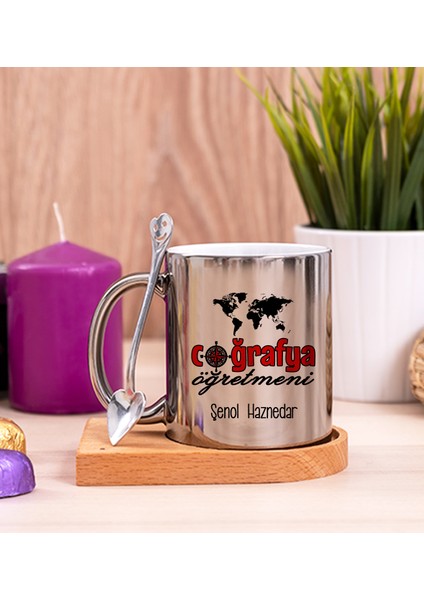 Kişiye Özel Coğrafya Öğretmeni Ahşap Altlıklı Kaşıklı Silver Kupa Bardak