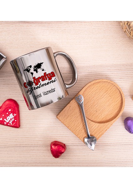 Kişiye Özel Coğrafya Öğretmeni Ahşap Altlıklı Kaşıklı Silver Kupa Bardak fiyatları