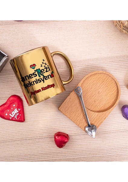Kişiye Özel Anestezi Teknisyeni Ahşap Altlıklı Kaşıklı Gold Kupa Bardak fiyatları