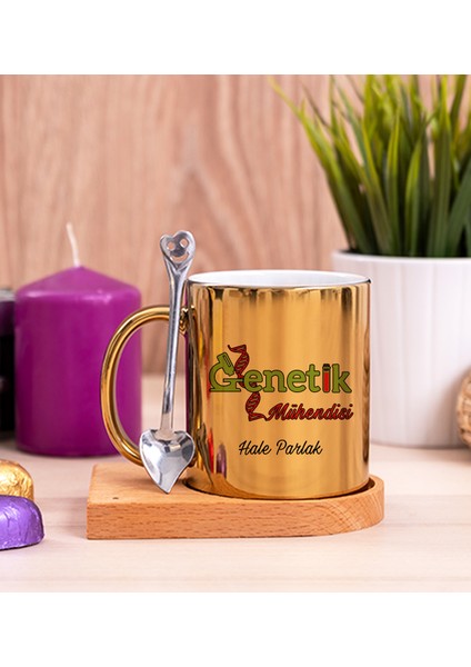 Kişiye Özel Genetik Mühendisi Ahşap Altlıklı Kaşıklı Gold Kupa Bardak