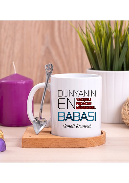 Kişiye Özel Dünyanın En Iyi Babası Ahşap Altlıklı Kaşıklı Beyaz Kupa Bardak