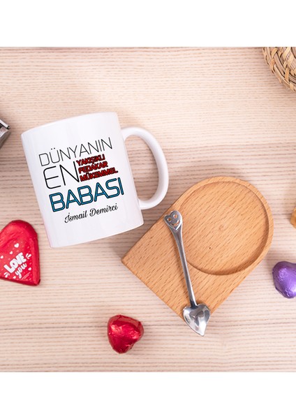 Kişiye Özel Dünyanın En Iyi Babası Ahşap Altlıklı Kaşıklı Beyaz Kupa Bardak