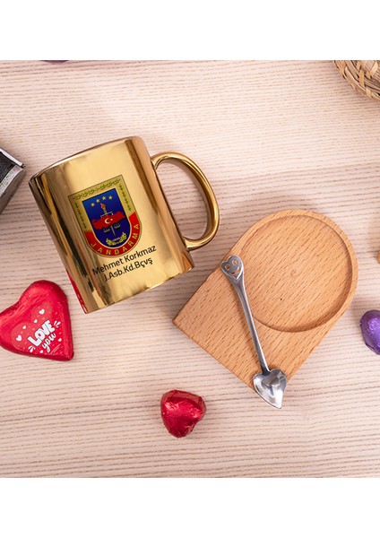 Kişiye Özel Jandarma Logolu Ahşap Altlıklı Kaşıklı Gold Kupa Bardak fiyatları