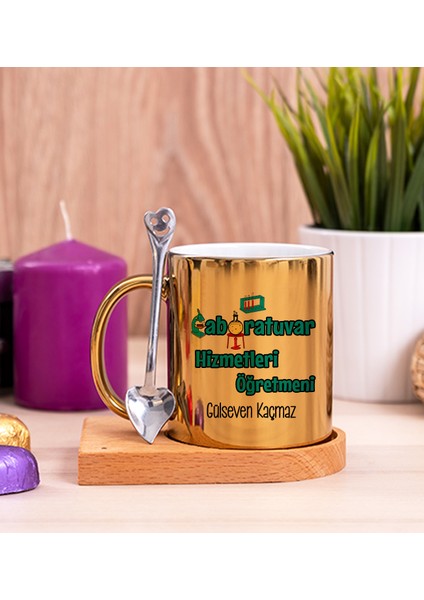 Kişiye Özel Laboratuvar Hizmetleri Ahşap Altlıklı Kaşıklı Gold Kupa Bardak