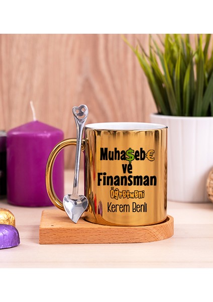 Kişiye Özel Muhasebe ve Finansman Öğretmeni Ahşap Altlıklı Kaşıklı Gold Kupa Bardak
