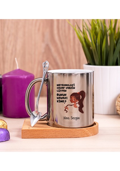 Kişiye Özel Bunun Havası Kime Ahşap Altlıklı Kaşıklı Silver Kupa Bardak