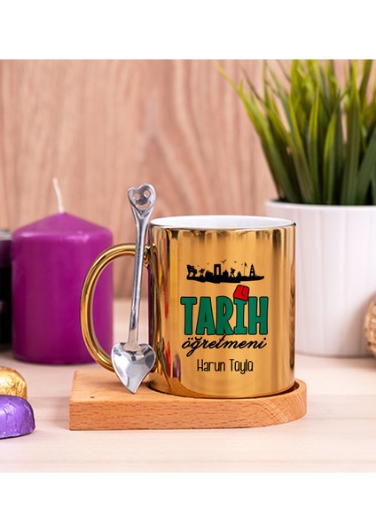 Kişiye Özel Tarih Öğretmeni Ahşap Altlıklı Kaşıklı Gold Kupa Bardak