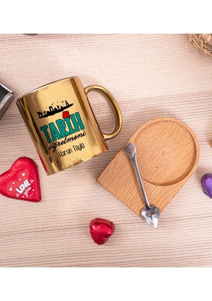 Kişiye Özel Tarih Öğretmeni Ahşap Altlıklı Kaşıklı Gold Kupa Bardak fiyatları