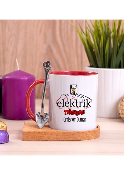Kişiye Özel Elektrik Teknisyeni Ahşap Altlıklı Kaşıklı Kırmızı Kupa Bardak