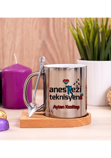 Kişiye Özel Anestezi Teknisyeni Ahşap Altlıklı Kaşıklı Silver Kupa Bardak