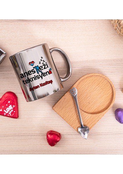 Kişiye Özel Anestezi Teknisyeni Ahşap Altlıklı Kaşıklı Silver Kupa Bardak fiyatları