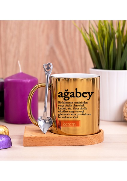 Kişiye Özel Ağabey Kelime Anlamı Ahşap Altlıklı Kaşıklı Gold Kupa Bardak