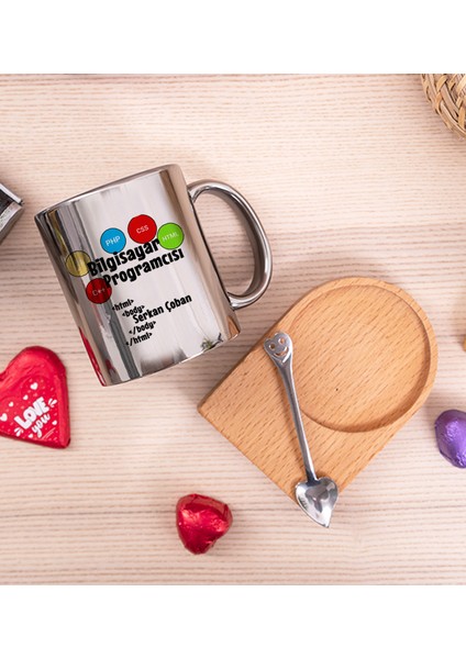 Kişiye Özel Bilgisayar Programcısı Ahşap Altlıklı Kaşıklı Silver Kupa Bardak fiyatları