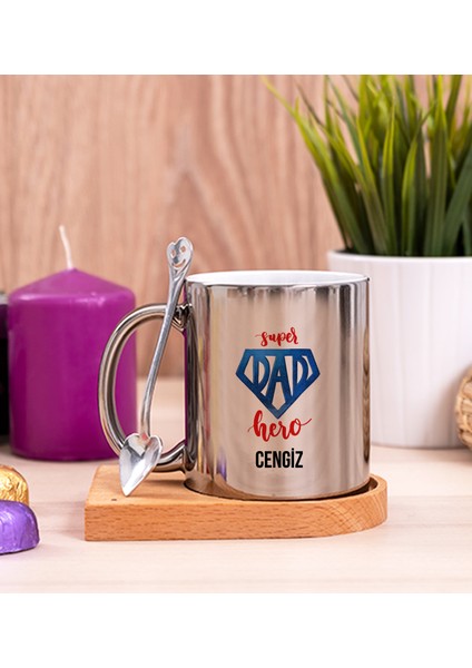 Kişiye Özel Super Dad Babaya Hediye Ahşap Altlıklı Kaşıklı Silver Kupa Bardak