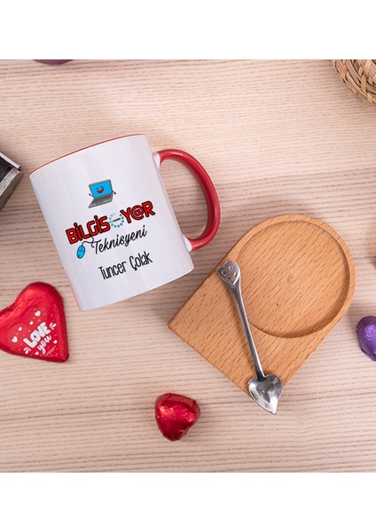 Kişiye Özel Bilgisayar Teknisyeni Ahşap Altlıklı Kaşıklı Kırmızı Kupa Bardak fiyatları