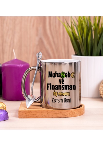 Kişiye Özel Muhasebe ve Finansman Öğretmeni Ahşap Altlıklı Kaşıklı Silver Kupa Bardak