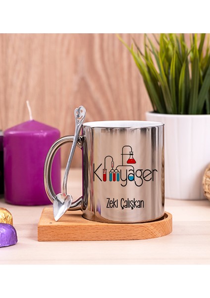 Kişiye Özel Kimyager Ahşap Altlıklı Kaşıklı Silver Kupa Bardak