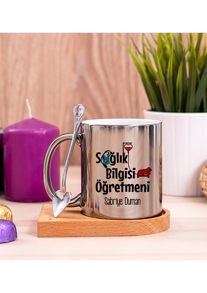 Kişiye Özel Sağlık Bilgisi Öğretmeni Ahşap Altlıklı Kaşıklı Silver Kupa Bardak