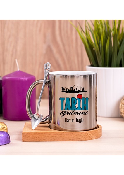 Kişiye Özel Tarih Öğretmeni Ahşap Altlıklı Kaşıklı Silver Kupa Bardak