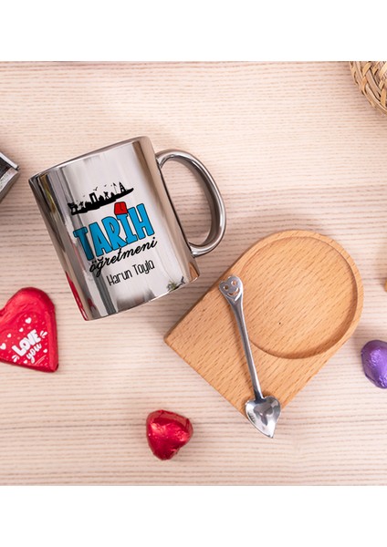 Kişiye Özel Tarih Öğretmeni Ahşap Altlıklı Kaşıklı Silver Kupa Bardak fiyatları