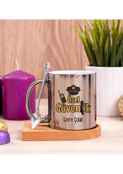 Kişiye Özel Özel Güvenlik Ahşap Altlıklı Kaşıklı Silver Kupa Bardak