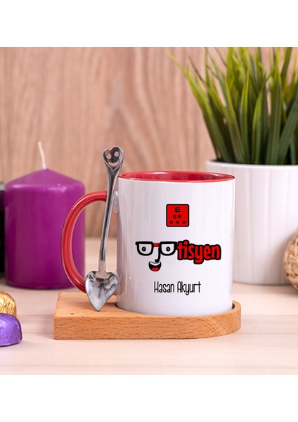 Kişiye Özel Optisyen Ahşap Altlıklı Kaşıklı Kırmızı Kupa Bardak