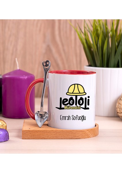 Kişiye Özel Jeoloji Mühendisi Ahşap Altlıklı Kaşıklı Kırmızı Kupa Bardak