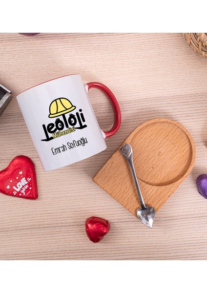 Kişiye Özel Jeoloji Mühendisi Ahşap Altlıklı Kaşıklı Kırmızı Kupa Bardak fiyatları