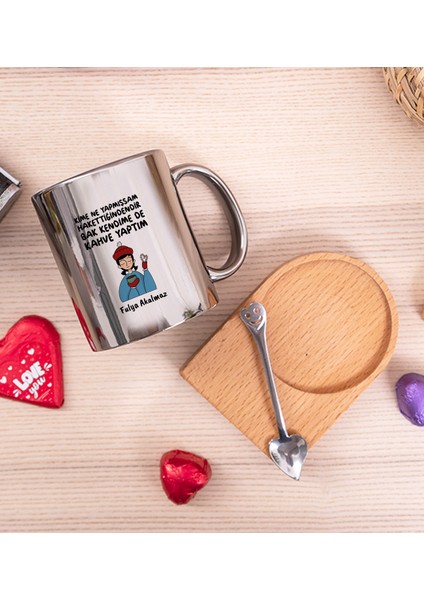 Kişiye Özel Bak Kendime De Kahve Yaptım Ahşap Altlıklı Kaşıklı Silver Kupa Bardak fiyatları