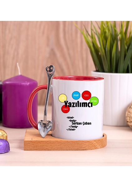 Kişiye Özel Yazılımcı Ahşap Altlıklı Kaşıklı Kırmızı Kupa Bardak