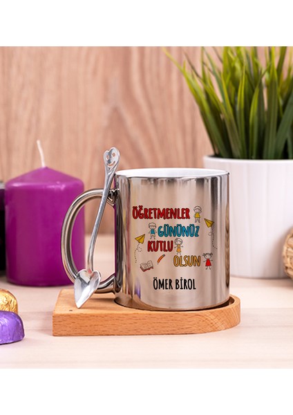 Kişiye Özel Öğretmenler Günü Ahşap Altlıklı Kaşıklı Silver Kupa Bardak