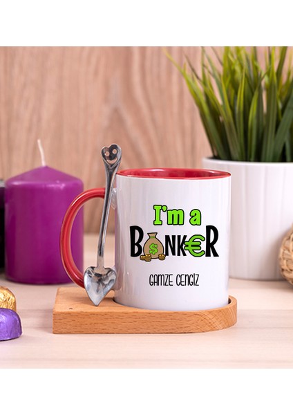 Kişiye Özel Bankacı Ahşap Altlıklı Kaşıklı Kırmızı Kupa Bardak