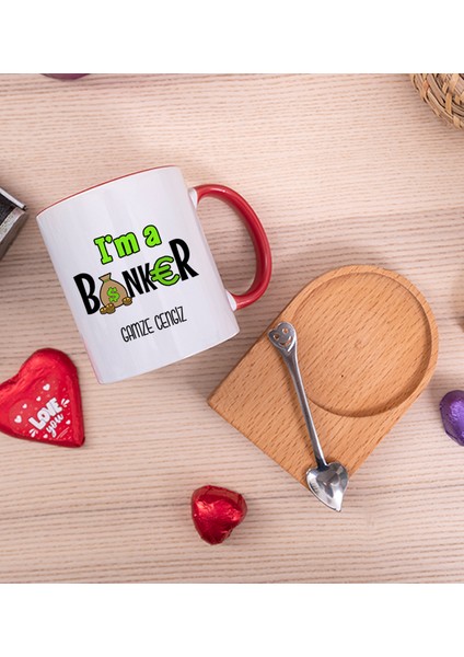 Kişiye Özel Bankacı Ahşap Altlıklı Kaşıklı Kırmızı Kupa Bardak fiyatları