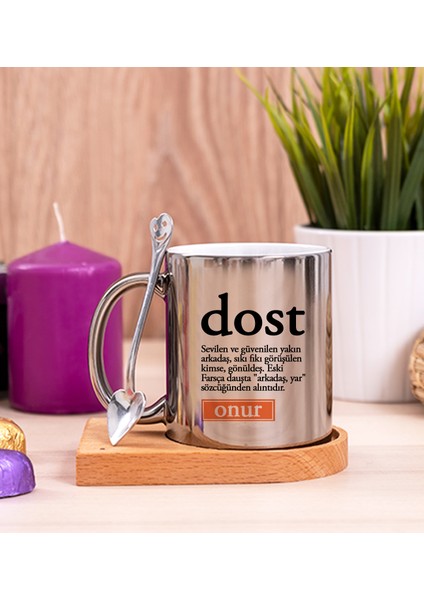 Kişiye Özel Dost Kelime Anlamı Ahşap Altlıklı Kaşıklı Silver Kupa Bardak