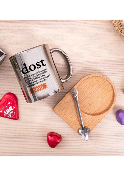 Kişiye Özel Dost Kelime Anlamı Ahşap Altlıklı Kaşıklı Silver Kupa Bardak