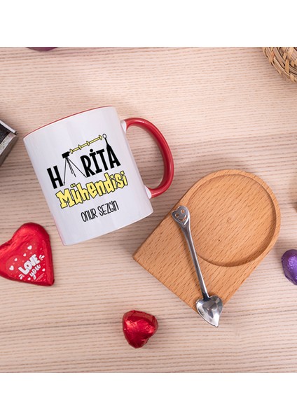 Kişiye Özel Harita Mühendisi Ahşap Altlıklı Kaşıklı Kırmızı Kupa Bardak fiyatları
