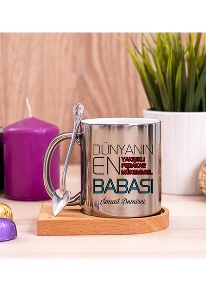 Kişiye Özel Dünyanın En Iyi Babası Ahşap Altlıklı Kaşıklı Silver Kupa Bardak
