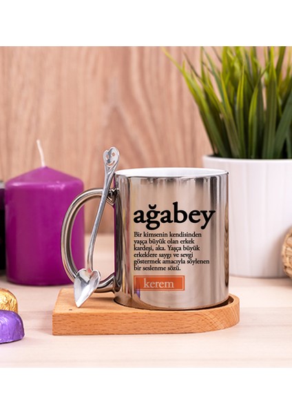 Kişiye Özel Ağabey Kelime Anlamı Ahşap Altlıklı Kaşıklı Silver Kupa Bardak