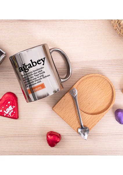 Kişiye Özel Ağabey Kelime Anlamı Ahşap Altlıklı Kaşıklı Silver Kupa Bardak fiyatları