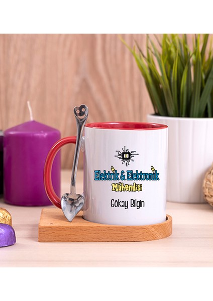 Kişiye Özel Elektrik Elektronik Mühendisi Ahşap Altlıklı Kaşıklı Kırmızı Kupa Bardak