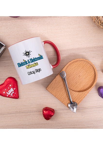 Kişiye Özel Elektrik Elektronik Mühendisi Ahşap Altlıklı Kaşıklı Kırmızı Kupa Bardak fiyatları