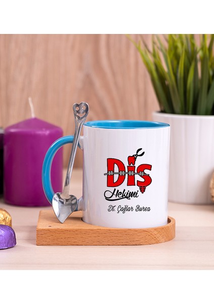 Kişiye Özel Diş Hekimi Ahşap Altlıklı Kaşıklı Mavi Kupa Bardak
