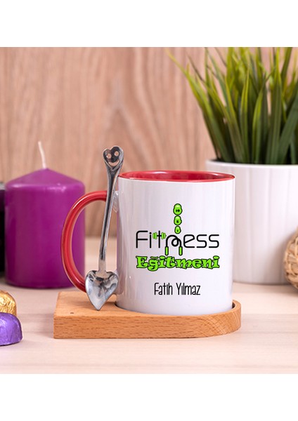 Kişiye Özel Fitness Eğitmeni Ahşap Altlıklı Kaşıklı Kırmızı Kupa Bardak