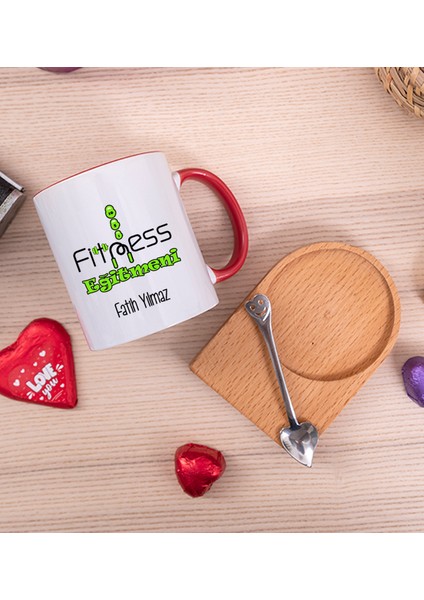 Kişiye Özel Fitness Eğitmeni Ahşap Altlıklı Kaşıklı Kırmızı Kupa Bardak fiyatları