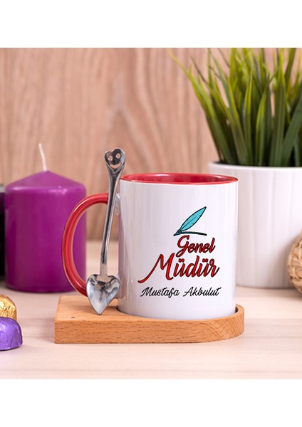 Kişiye Özel Genel Müdür Ahşap Altlıklı Kaşıklı Kırmızı Kupa Bardak