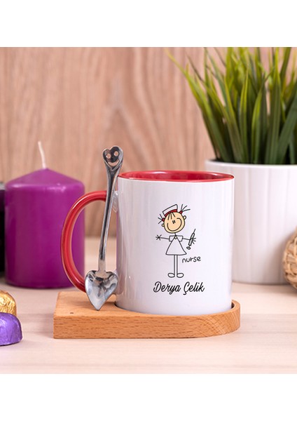 Kişiye Özel Hemşire Karikatürü Ahşap Altlıklı Kaşıklı Kırmızı Kupa Bardak