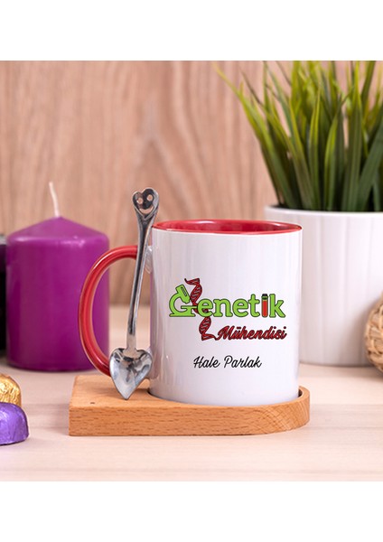 Kişiye Özel Genetik Mühendisi Ahşap Altlıklı Kaşıklı Kırmızı Kupa Bardak