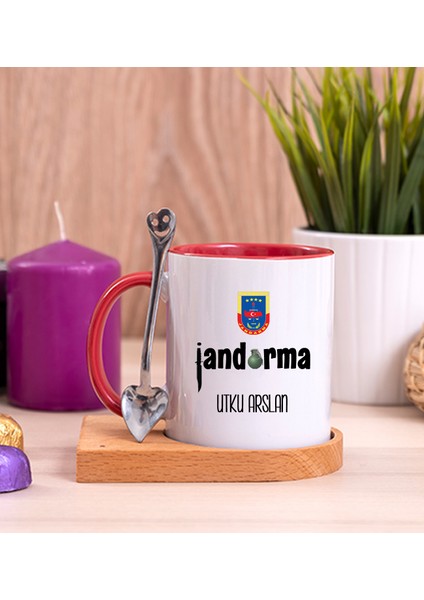 Kişiye Özel Jandarma Ahşap Altlıklı Kaşıklı Kırmızı Kupa Bardak