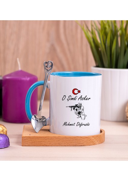 Kişiye Özel Askere Hediye Ahşap Altlıklı Kaşıklı Mavi Kupa Bardak