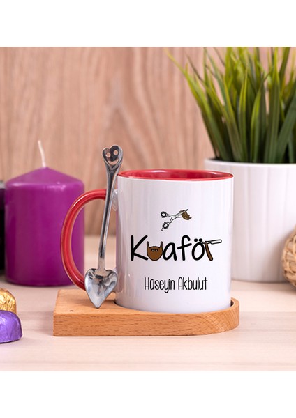 Kişiye Özel Erkek Kuaförü Ahşap Altlıklı Kaşıklı Kırmızı Kupa Bardak